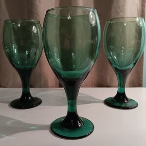 3 Vintage Libbey Juniper Green teardrop glasses with gold trim